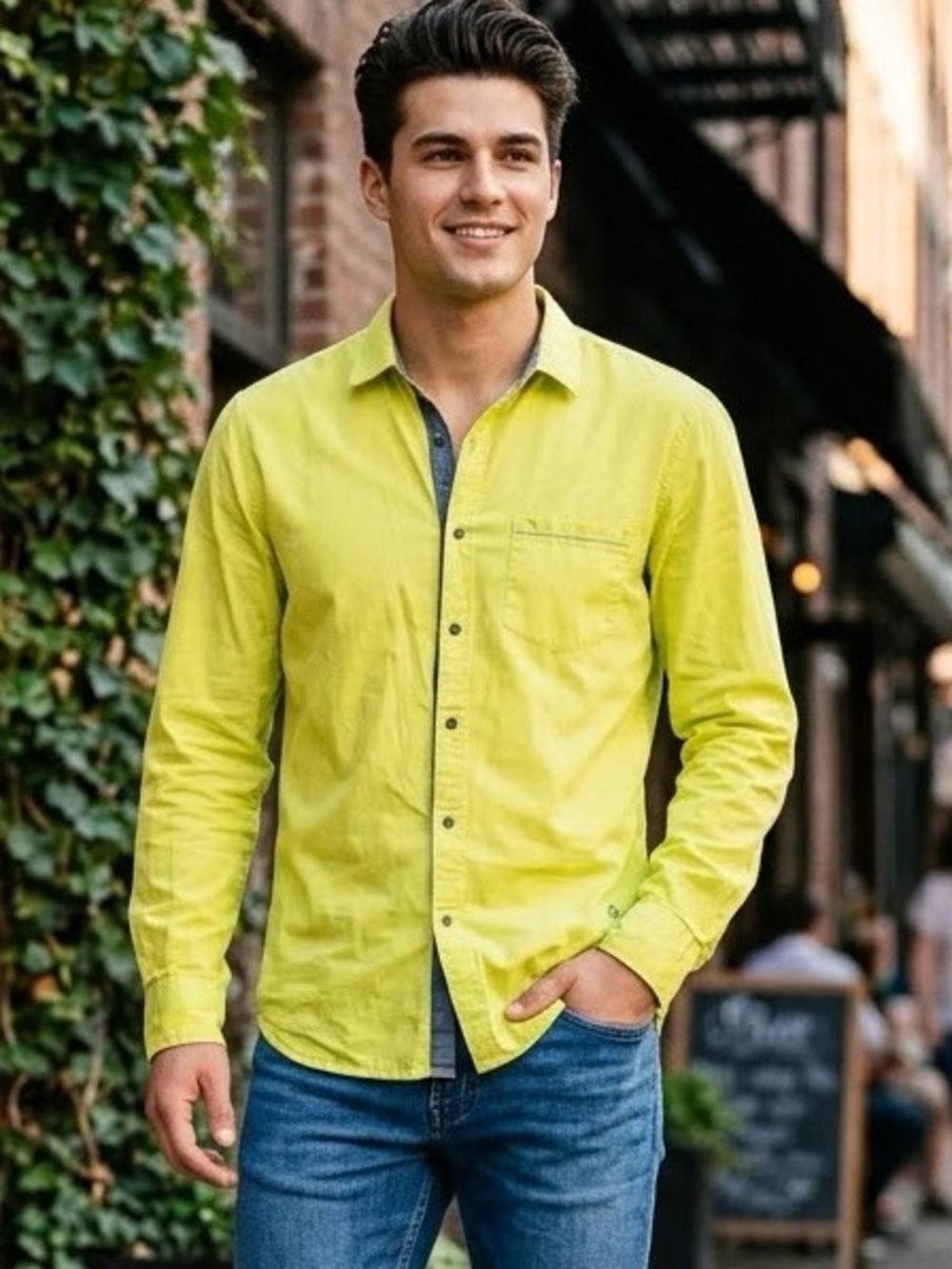United Colors Of Benetton Shirt Button Up Casual Neon Green Size XL